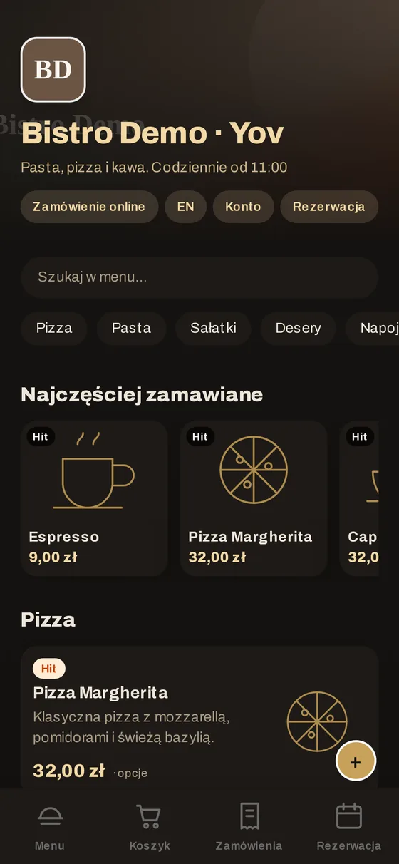 Menu restauracji w telefonie gościa z kategoriami, cenami i przełącznikiem języka